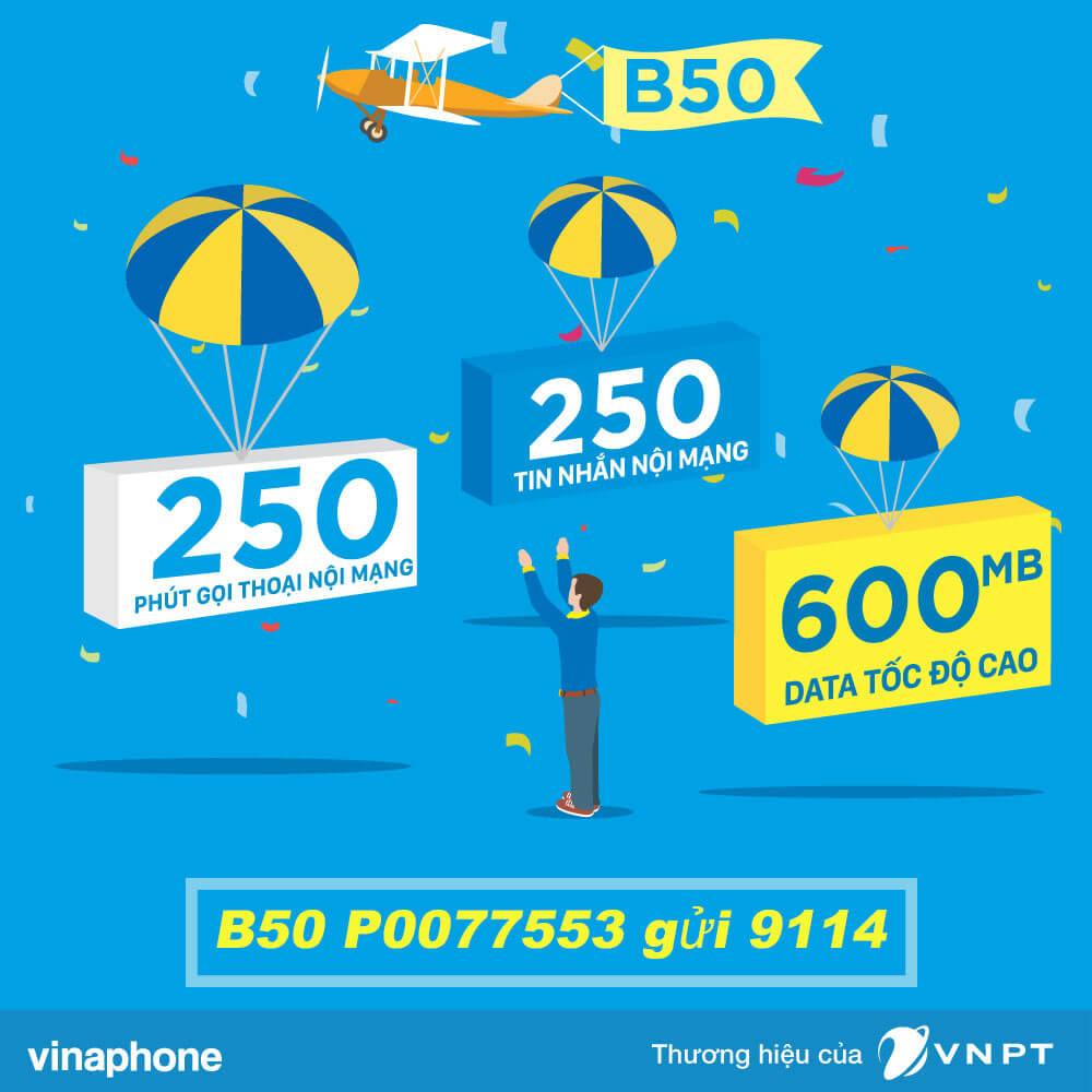 Gói B50 của Vinaphone ưu đãi 600MB Data & 250 phút gọi + 250 SMS