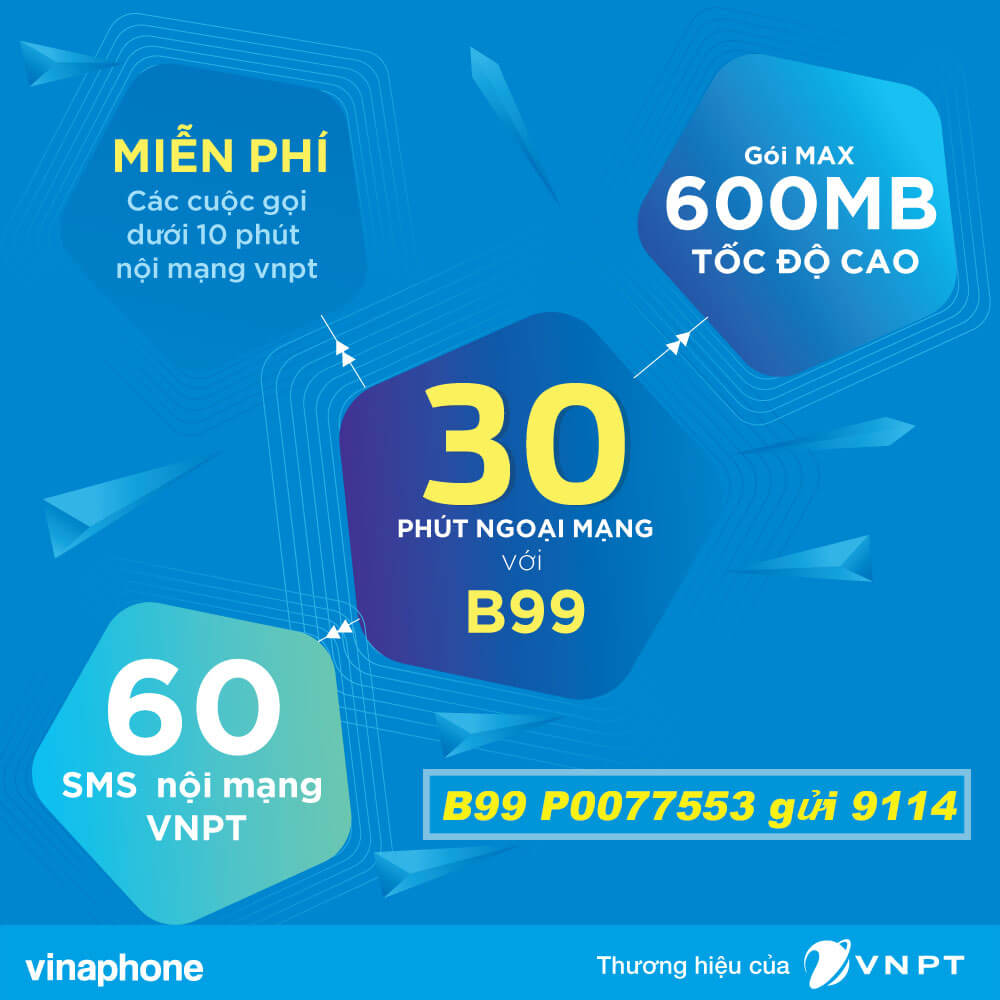 Đăng ký B99 Vinaphone ưu đãi 600MB & 60 SMS + Gọi thoại thả ga