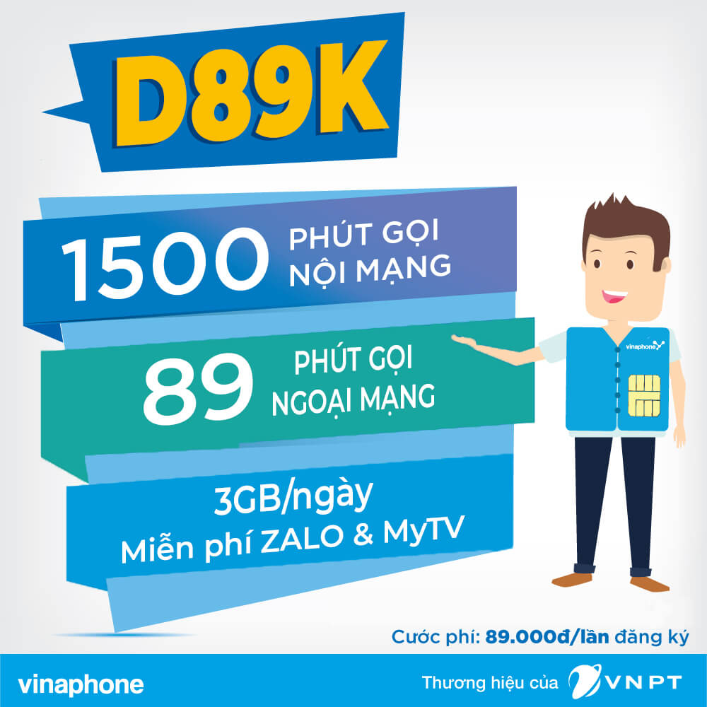 Đăng ký gói D89K Vinaphone ưu đãi 3GBngày & nghìn phút gọi chỉ 89K