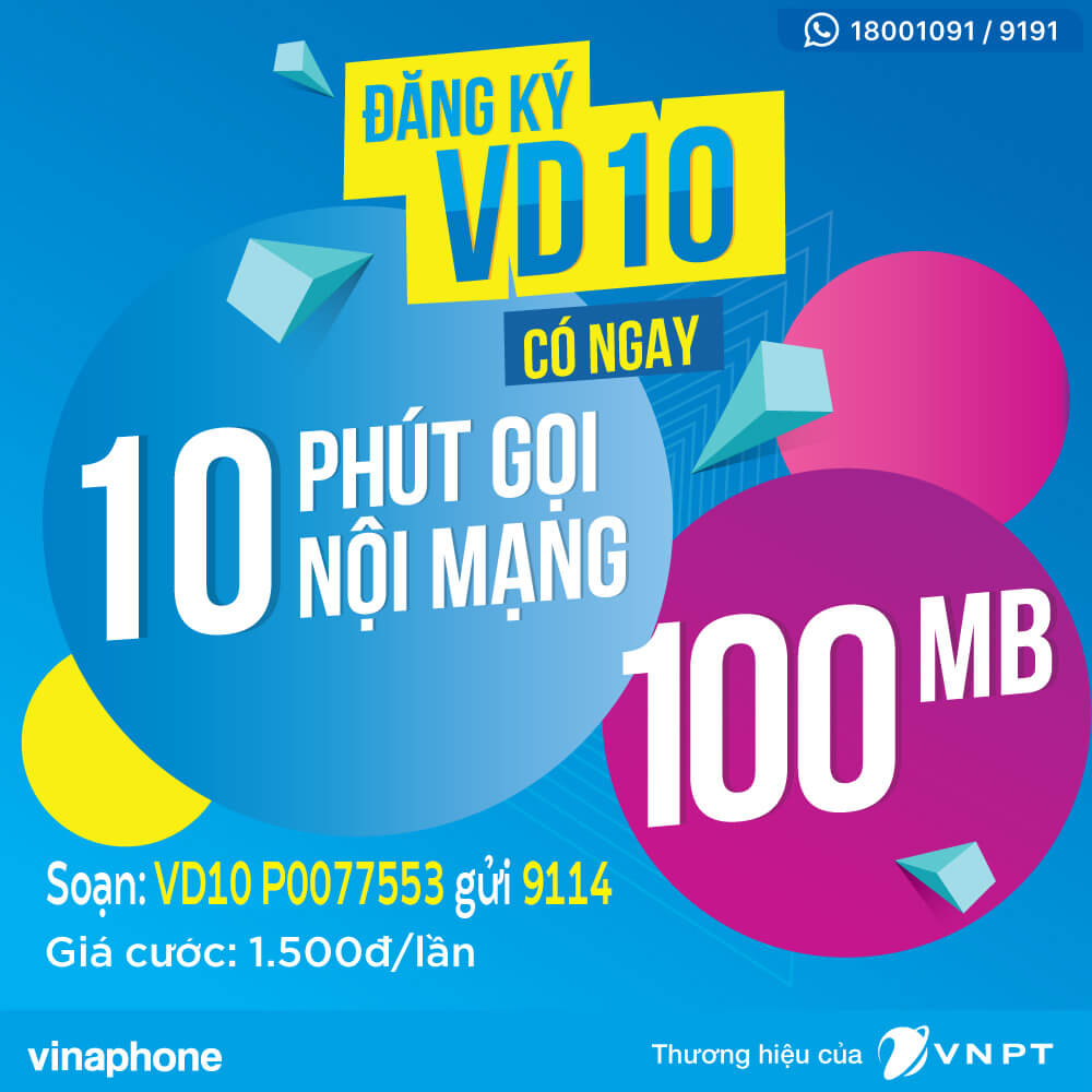 Đăng ký gói VD10 Vinaphone nhận 100MB + 10 phút gọi chỉ 1.500đ