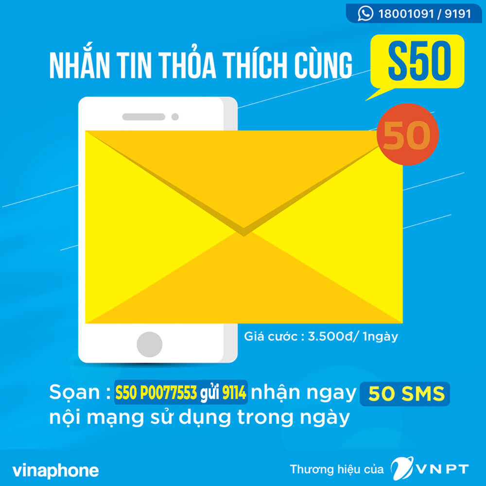 Đăng ký gói cước S50 Vinaphone nhận 50 SMS nội mạng chỉ 3.500đ