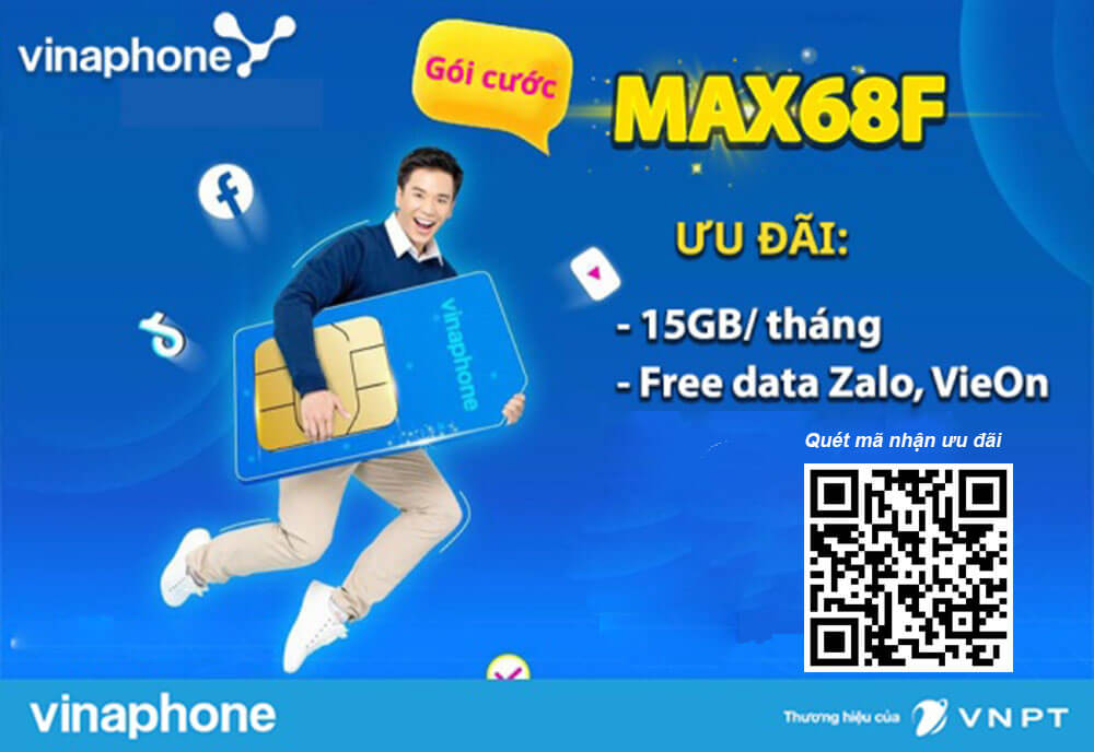 Đăng ký gói MAX68F Vinaphone ưu đãi 15GB & Miễn phí Zalo Vieon