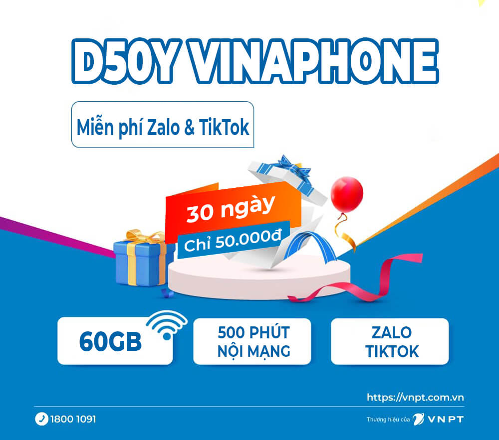 Đăng ký gói D50Y Vinaphone tặng 60GB, Free gọi, Zalo, Tiktok chỉ 50K
