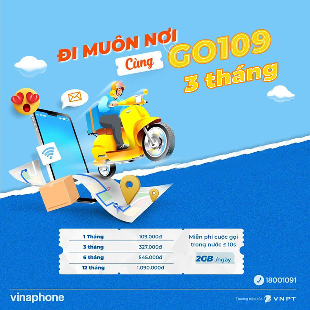 Gói GO109 3T Vinaphone nhận 180GB + Miễn phí gọi chỉ 109K/tháng