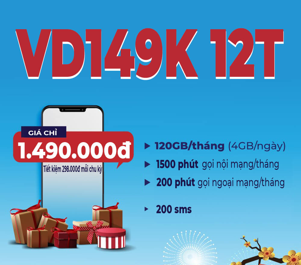 Gói VD149K 12T Vinaphone tặng 720GB + 9000 phút gọi chỉ 124K/tháng