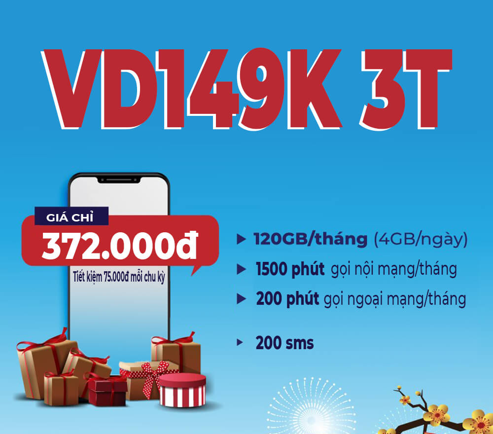 Gói VD149K 3T Vinaphone tặng 360GB + 4500 phút gọi chỉ 149Ktháng