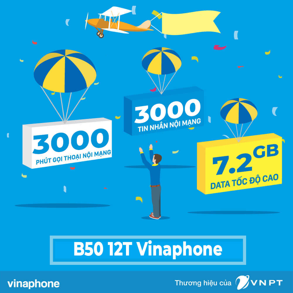 Gói B50 12T Vinaphone ưu đãi 7.2GB Data + 3000 phút gọi & SMS