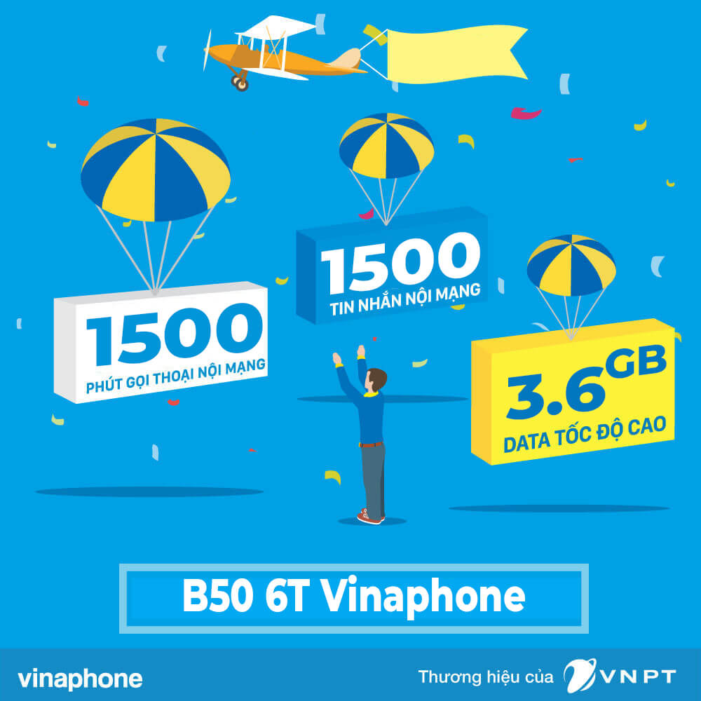 Gói B50 6T Vinaphone ưu đãi 3.6GB Data + 1.500 phút gọi & SMS