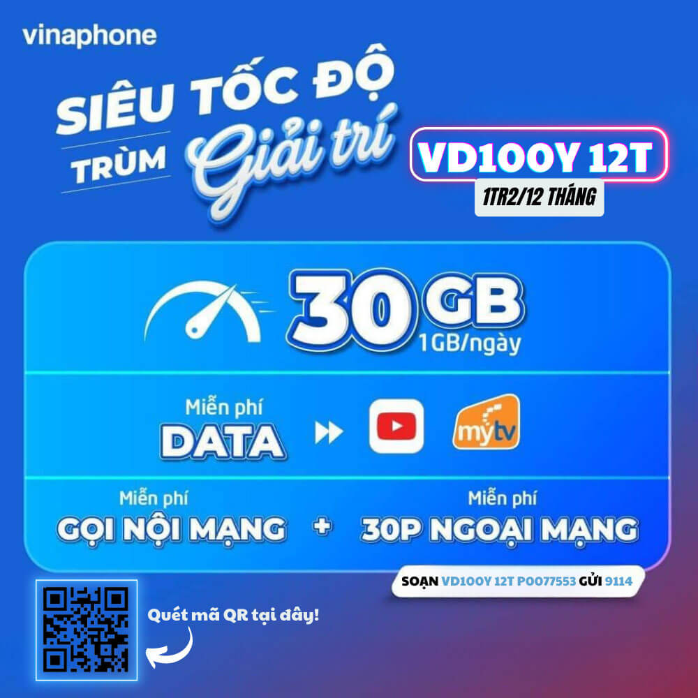 Gói cước VD100Y 12T VinaPhone - 360GB/12 tháng & Thả ga xem Youtube